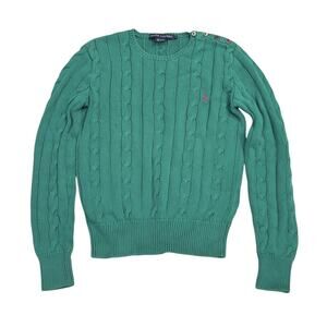 Ralph‎ Lauren Sweater Womens M Cable Knit Boyfriend Crewneck Pink Pony Buttons